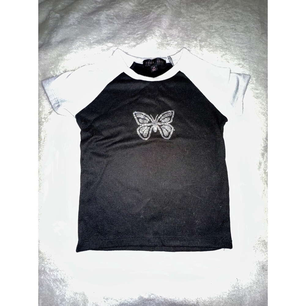 Faded Rose Rhinestone Butterfly Black White Top Short Sleeve XS